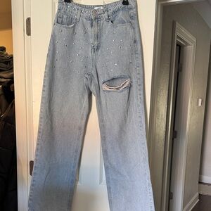 Women's Light Blue Distressed Jeans with Embellishments